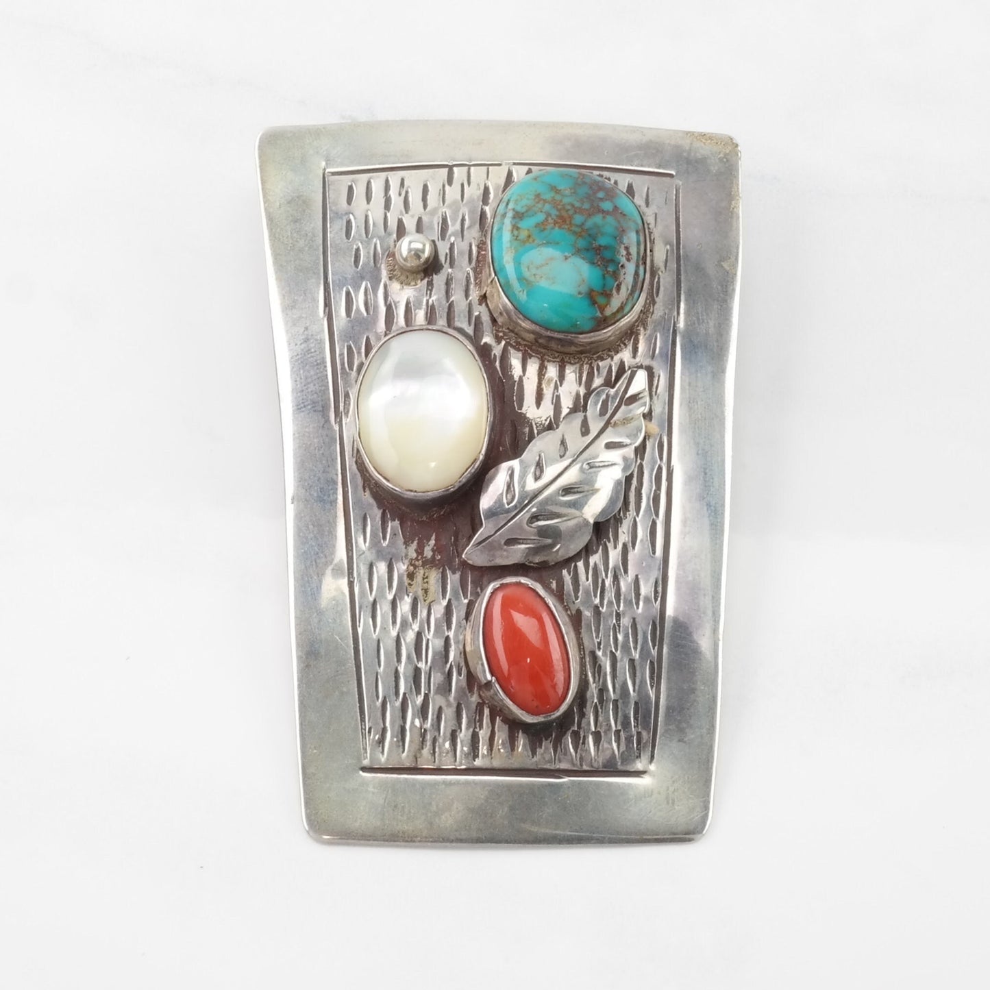 Native American Turquoise, Coral, MOP Large Sterling Silver Pendant