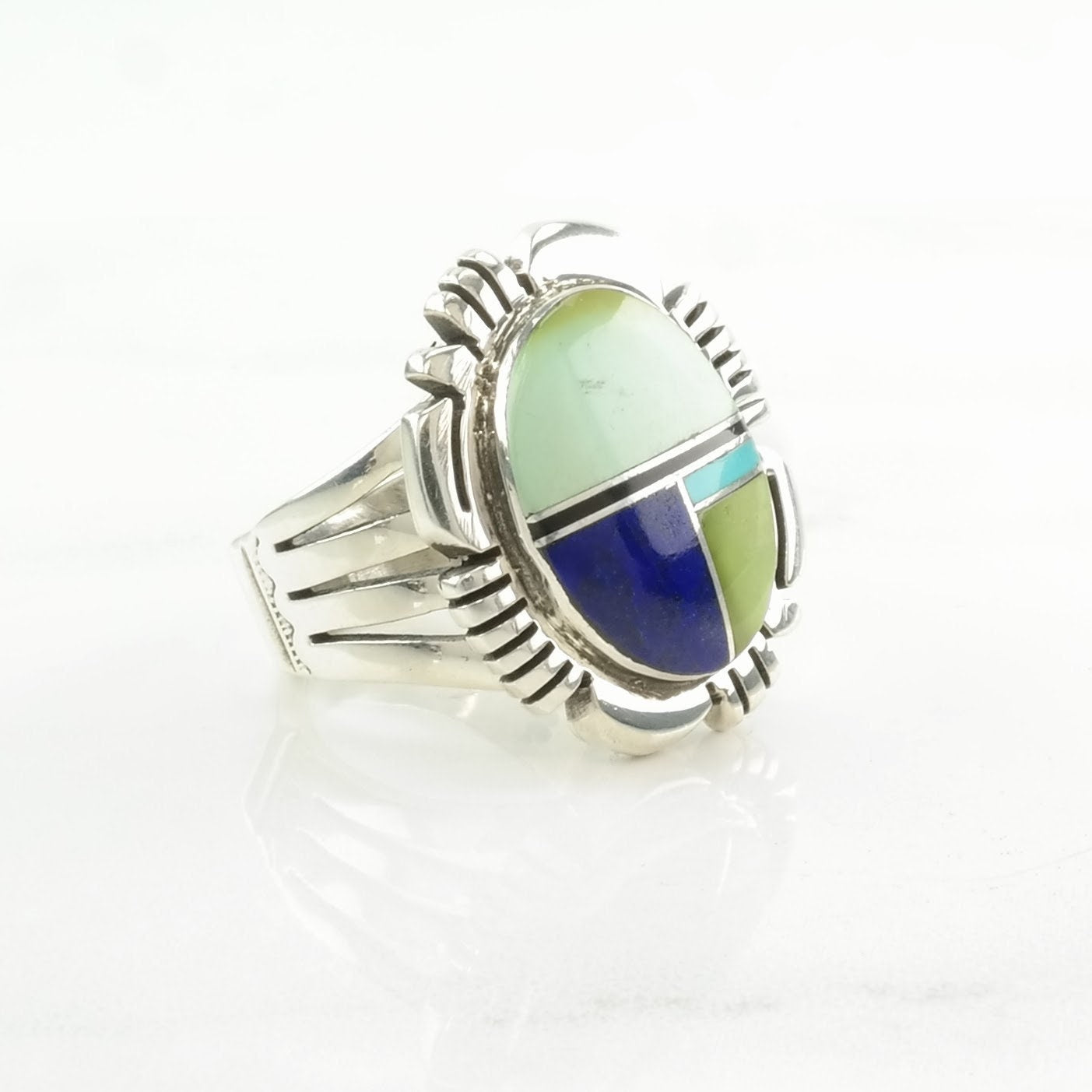 Vintage Native American Silver Ring Lapis Lazuli, Turquoise Inlay Sterling Size 9 1/2