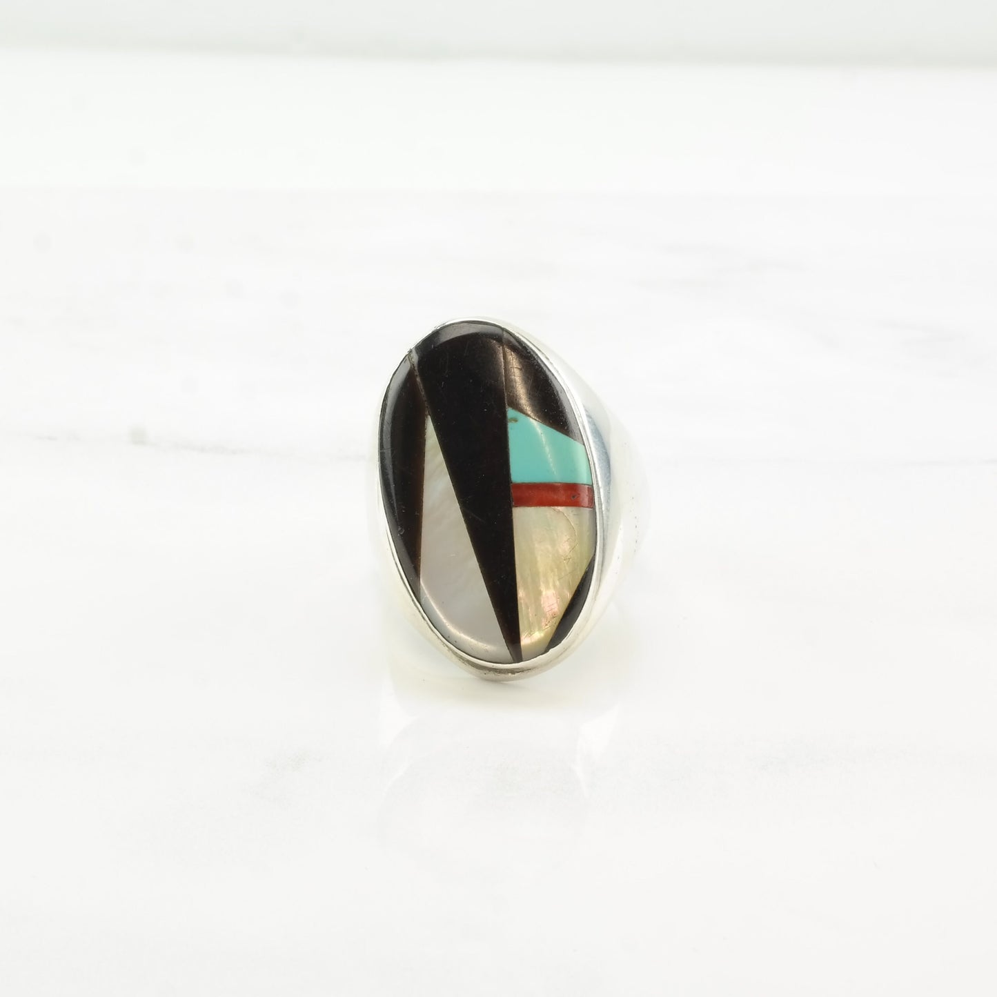 Native American Silver Ring MOP Turquoise Jet Coral Inlay Sterling Size 11 1/4