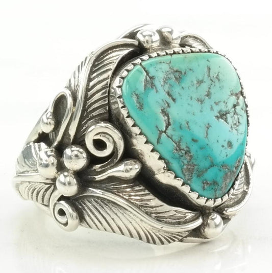 Vintage Native American Silver Ring Turquoise Floral Sterling Blue Size 12 1/2