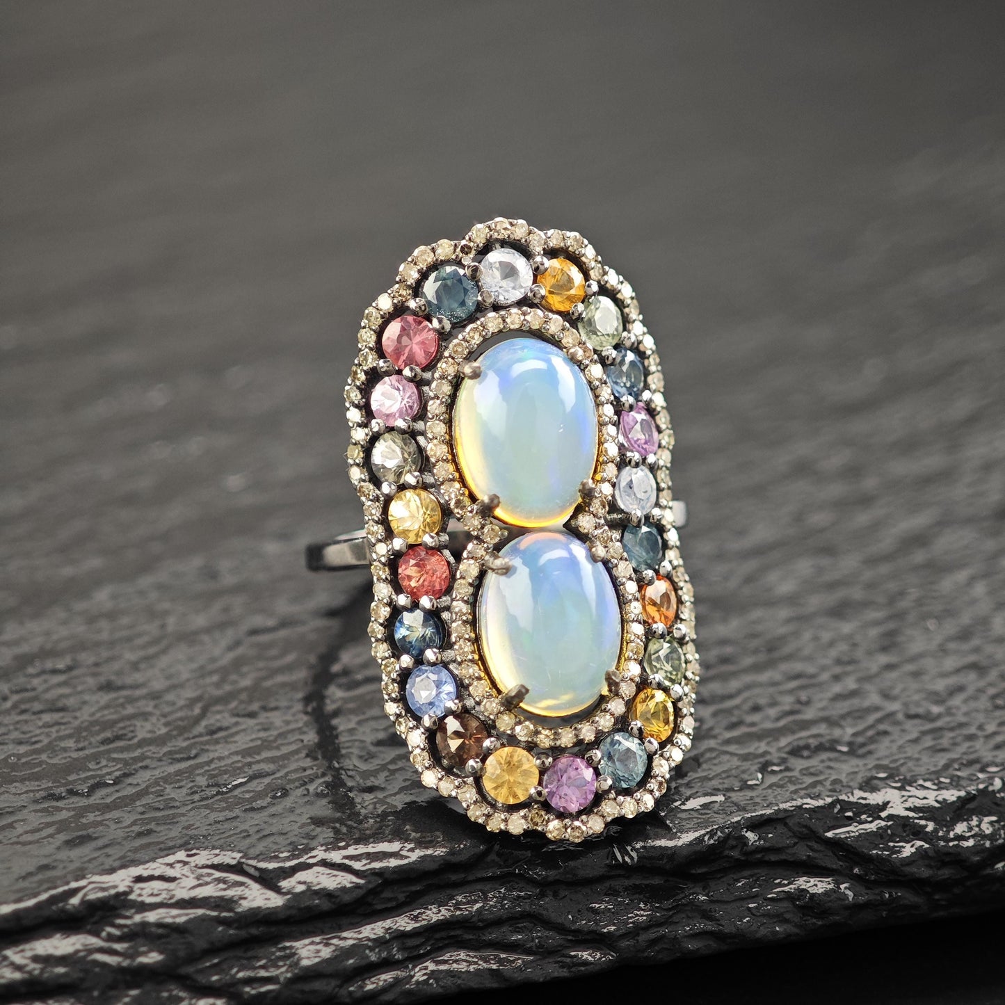 Opal Diamond Ring with Sapphire Accents in Oxidized Sterling Silver R5804
