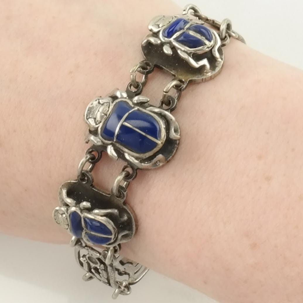 Archeological Revival Sterling Silver Link Bracelet Blue Enamel Scarab, Egyptian Themes