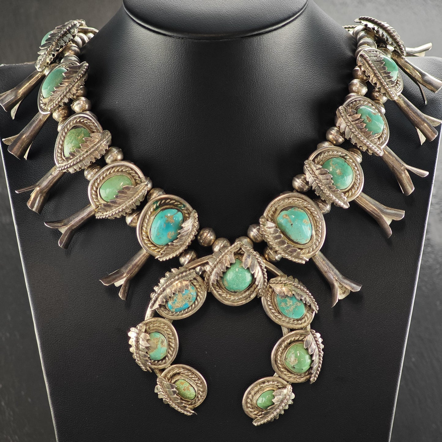 Vintage Native American Morenci Turquoise Sterling Silver Squash Blossom Necklace N2728