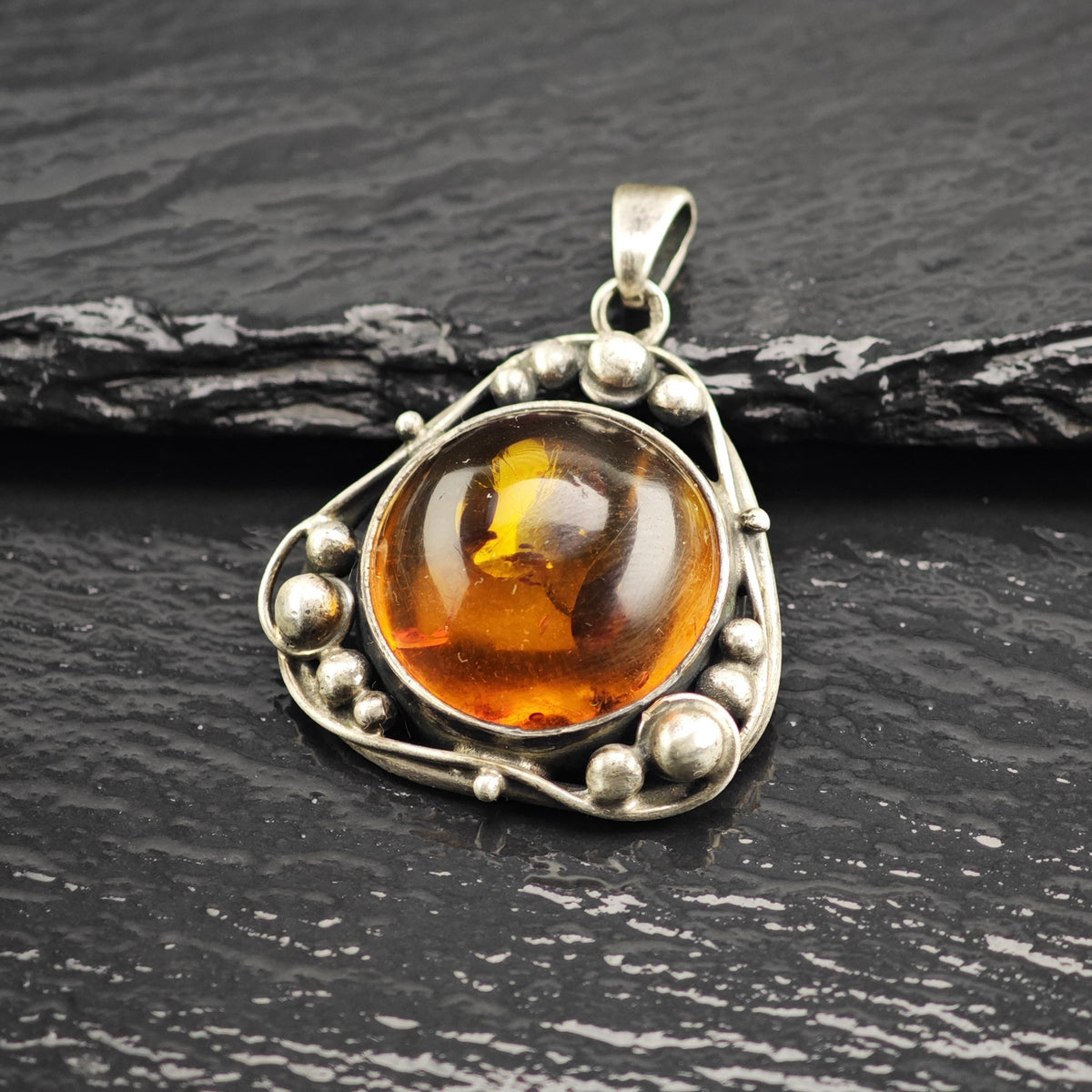 Art Nouveau Style Amber Sterling Silver Pendant P3113