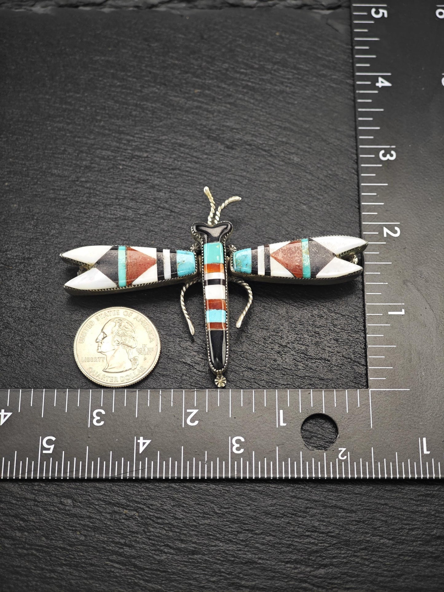 Attr. Lambert Homer Sr, Native American, Zuni Inlay, Dragonfly Brooch/Pendant Sterling Silver
