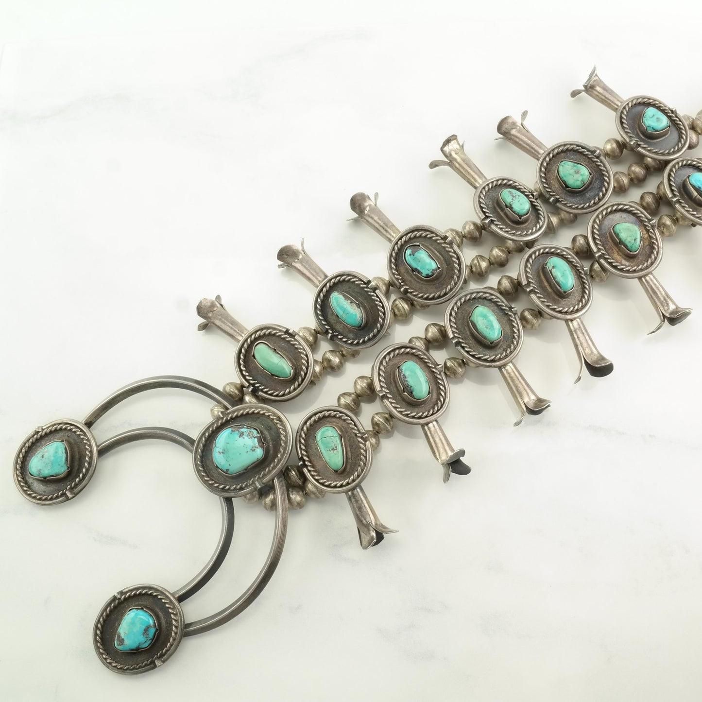 Native American Sterling Silver Blue Turquoise Squash Blossom Necklace