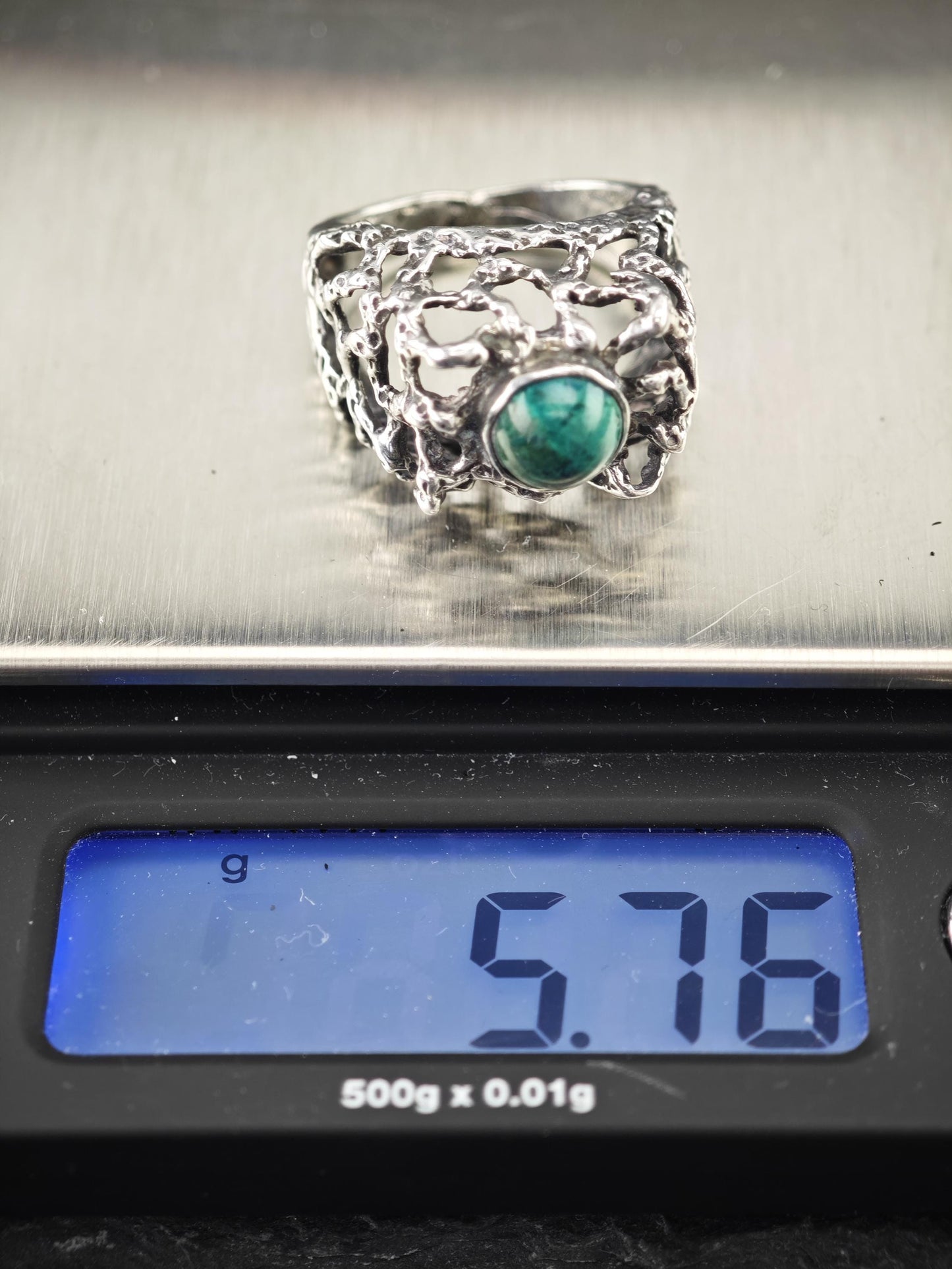 Vintage Brutalist Chrysocola Ring Sterling Silver