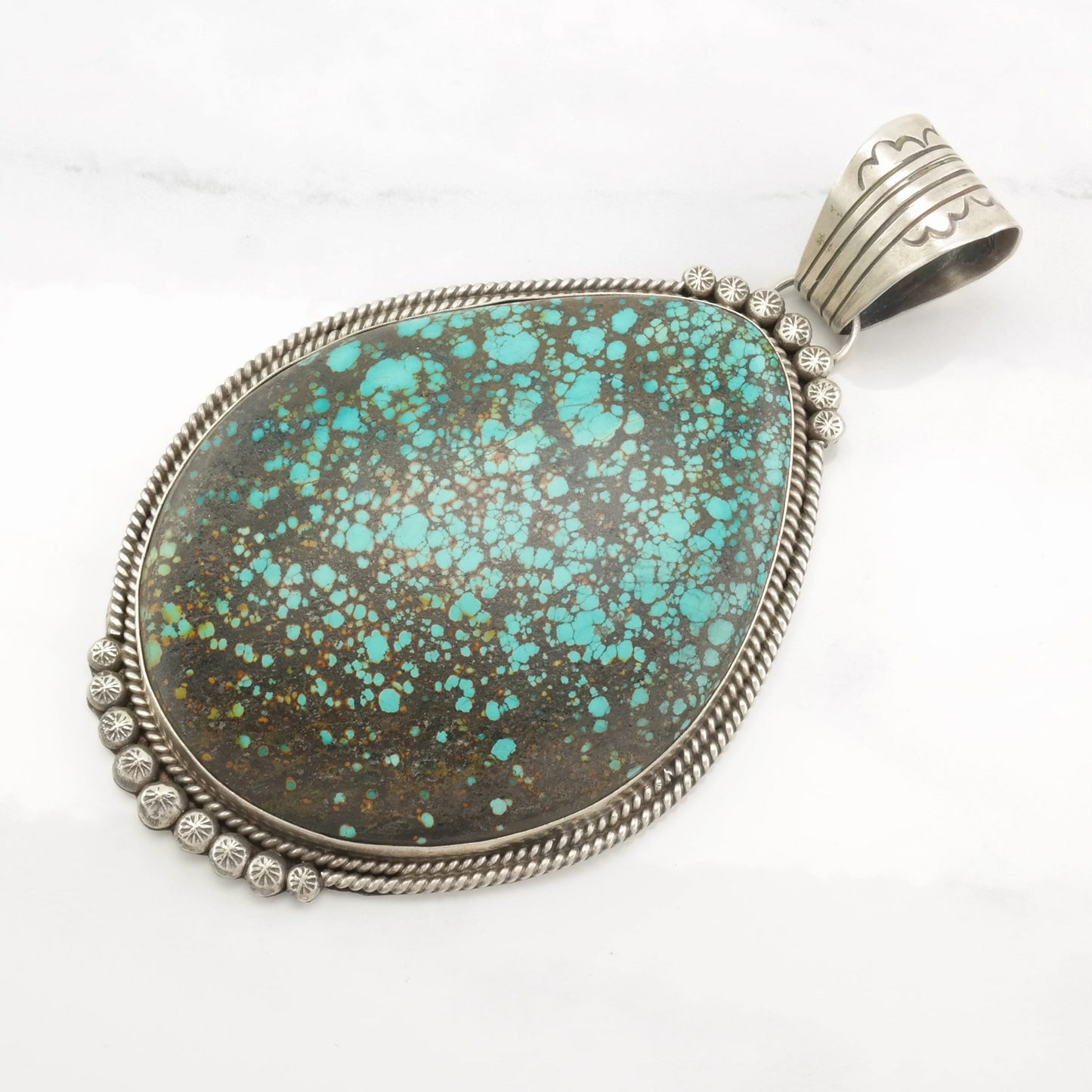 OOAK, Native American Huge Turquoise, Spiderweb Sterling Silver Necklace