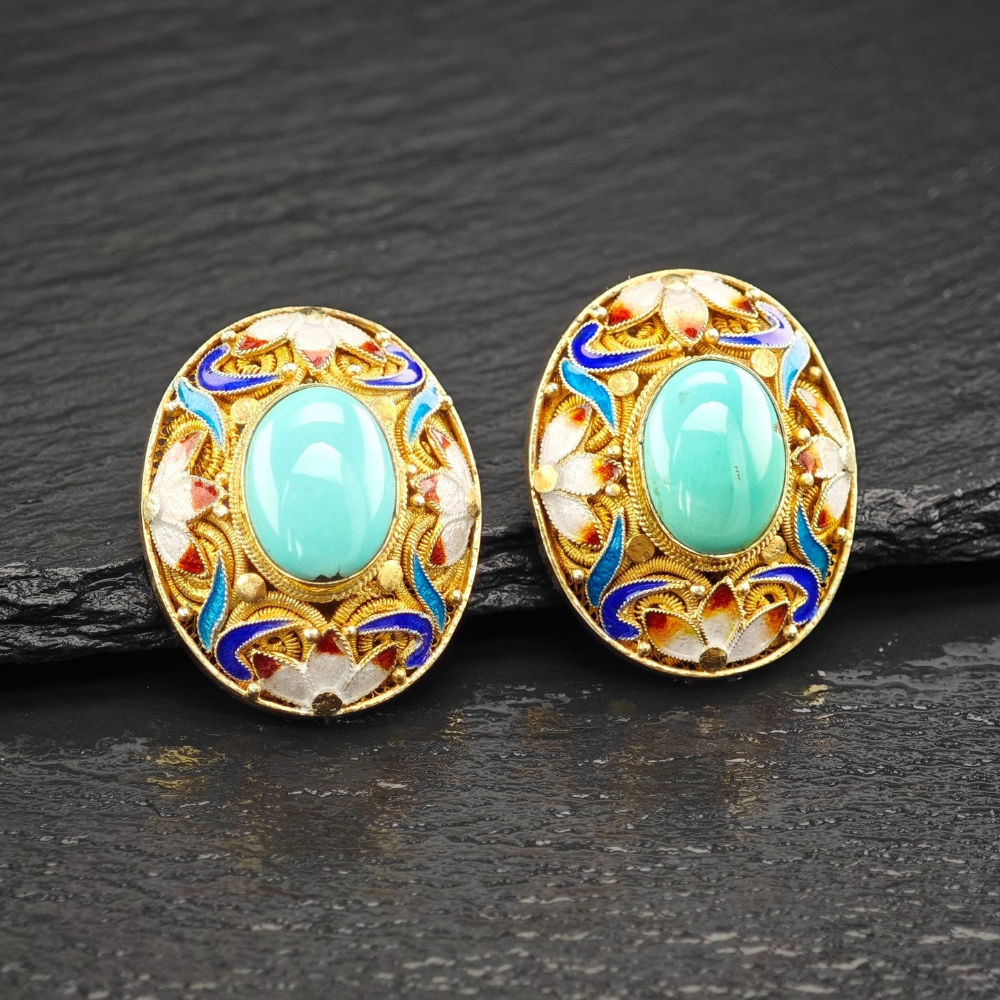 Chinese Export Turquoise, Vermeil Enamel Sterling Silver Stud Earrings