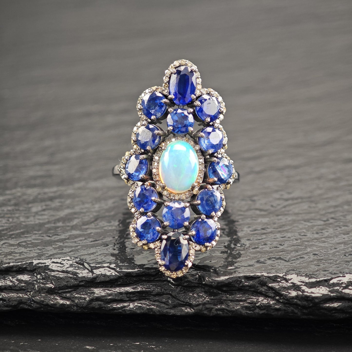 Oxidized Sterling Silver Diamond Sapphire, Opal Ring