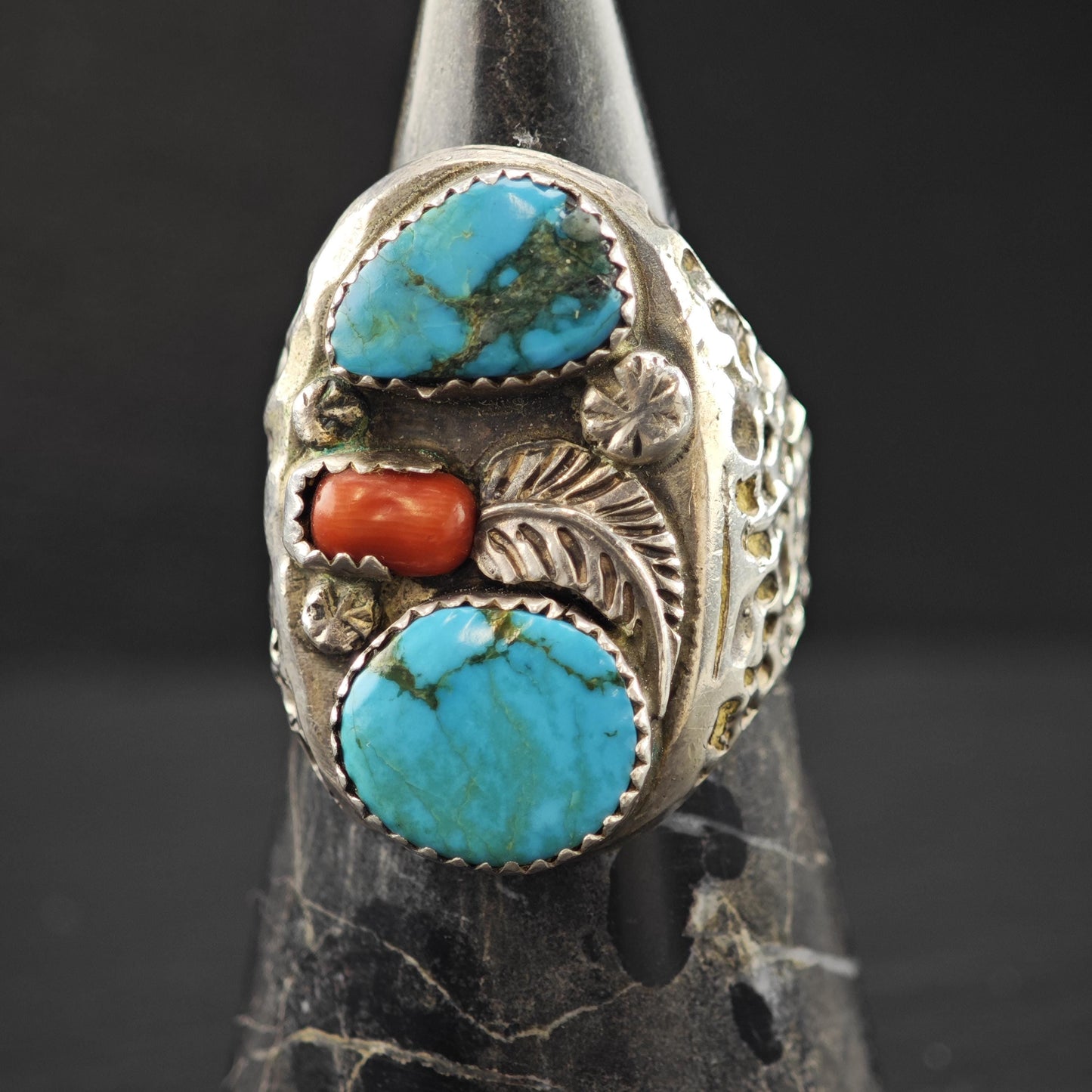 Native American Turquoise, Coral Floral Ring Sterling Silver Sz 13 1/4