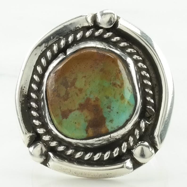 Vintage Southwest Silver Ring Turquoise Rope Details Sterling Green Size 6