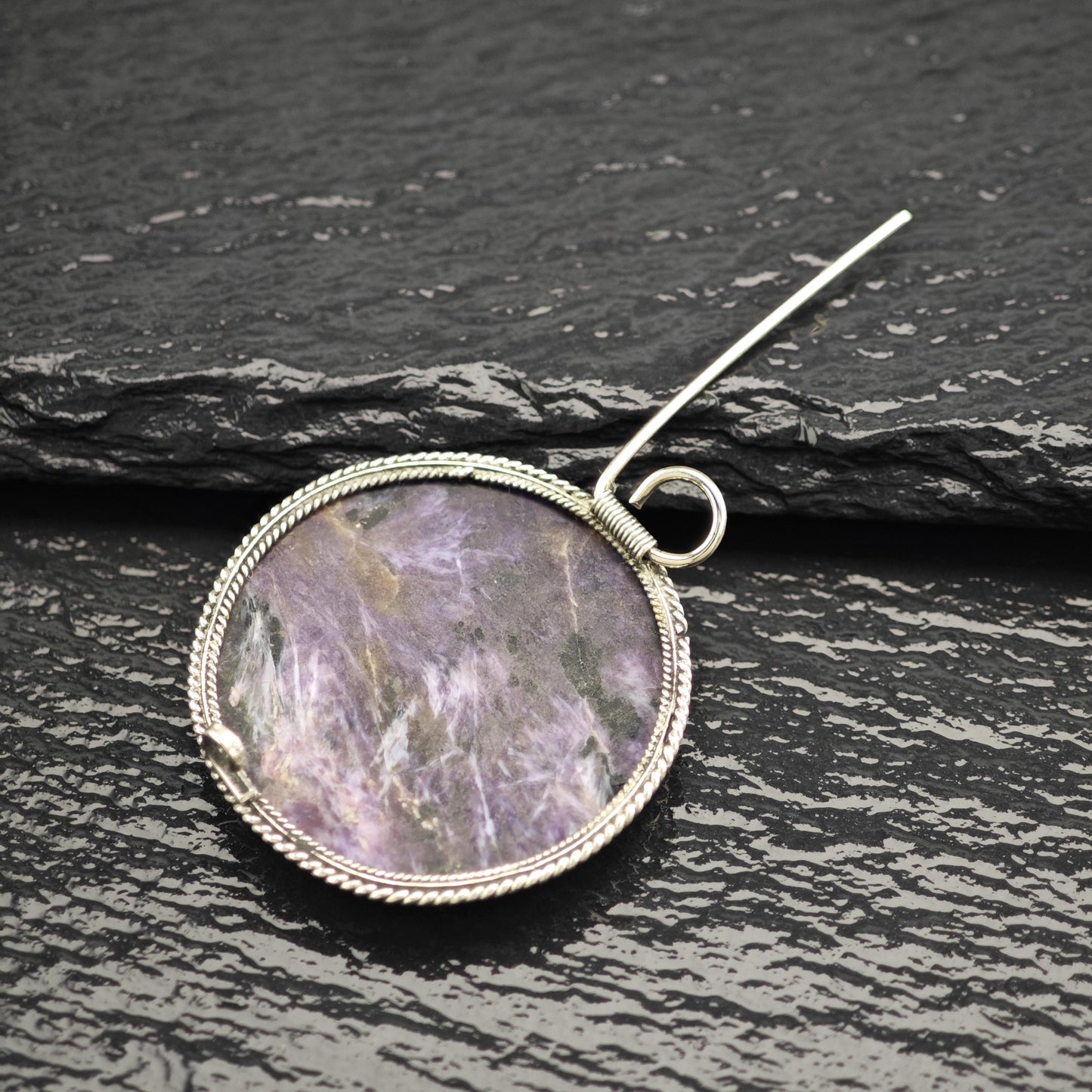 Charoite Round Brooch in Sterling Silver