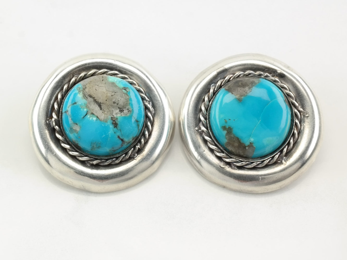 Southwest Turquoise Sterling Silver Circle Clip On Earrings