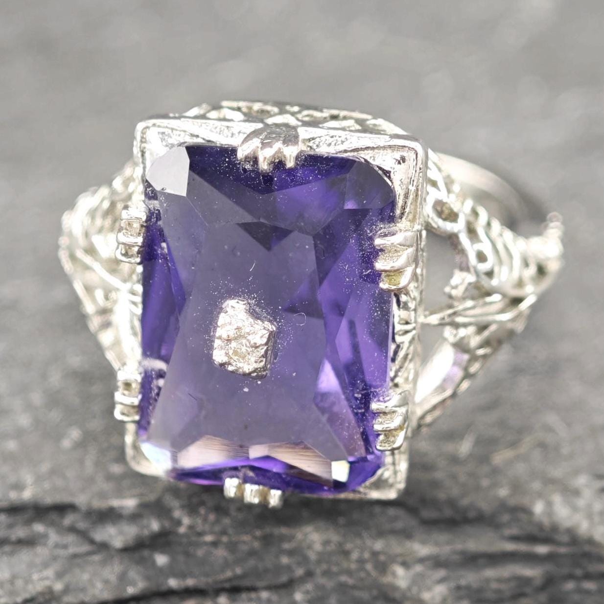 Art Deco Style Amethyst, Diamond Chip Ring Sterling Silver