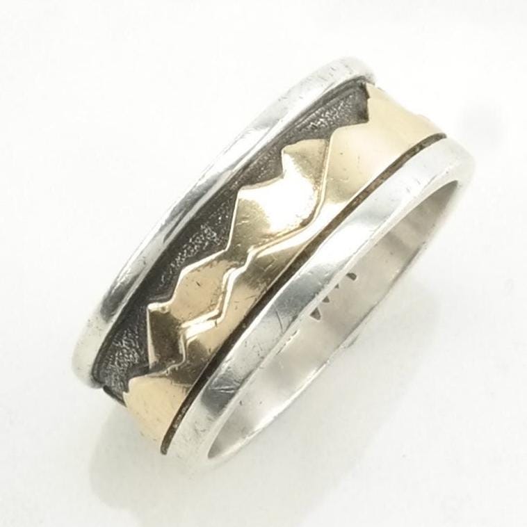 Vintage Native American Silver Ring Mountains 14K Gold Accents Sterling Size 9 1/2