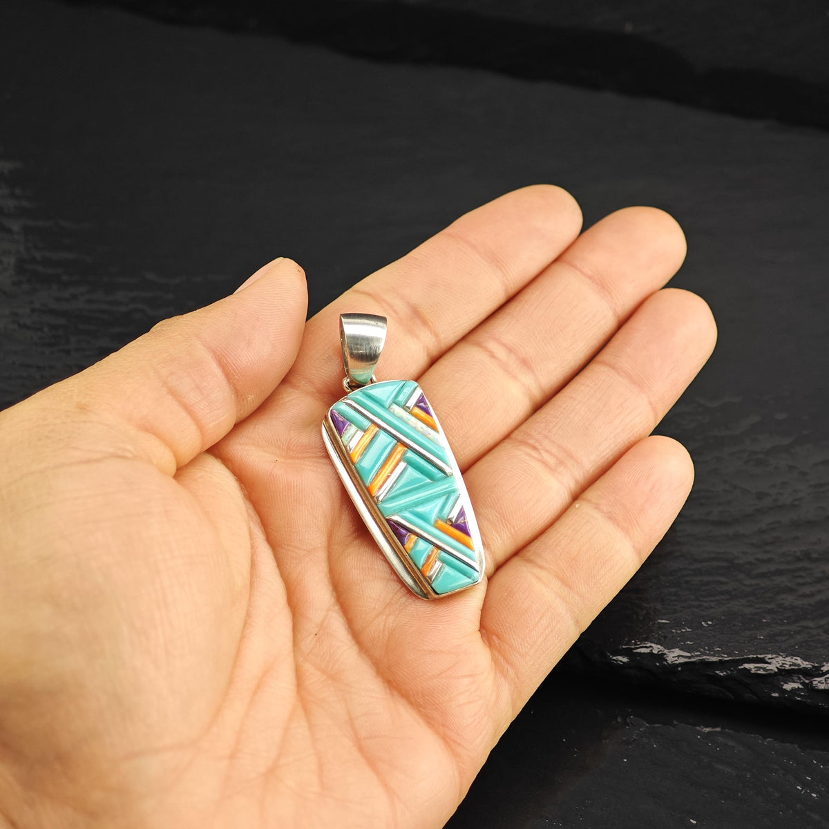 SW Turquoise Multistone Inlay Sterling Silver Pendant P3146