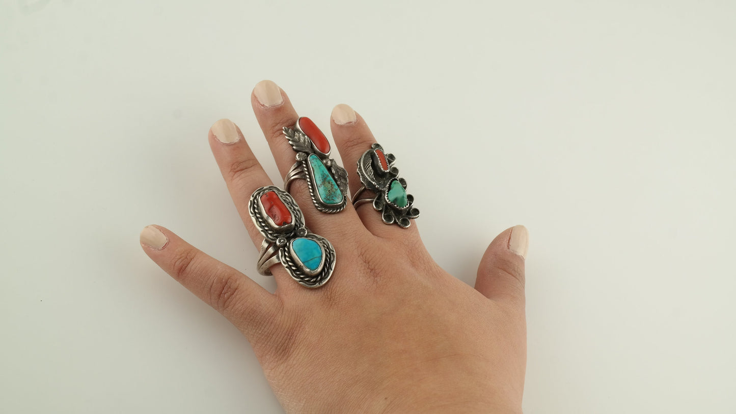 Native American Silver Ring Turquoise, Coral Sterling Size 6 1/2