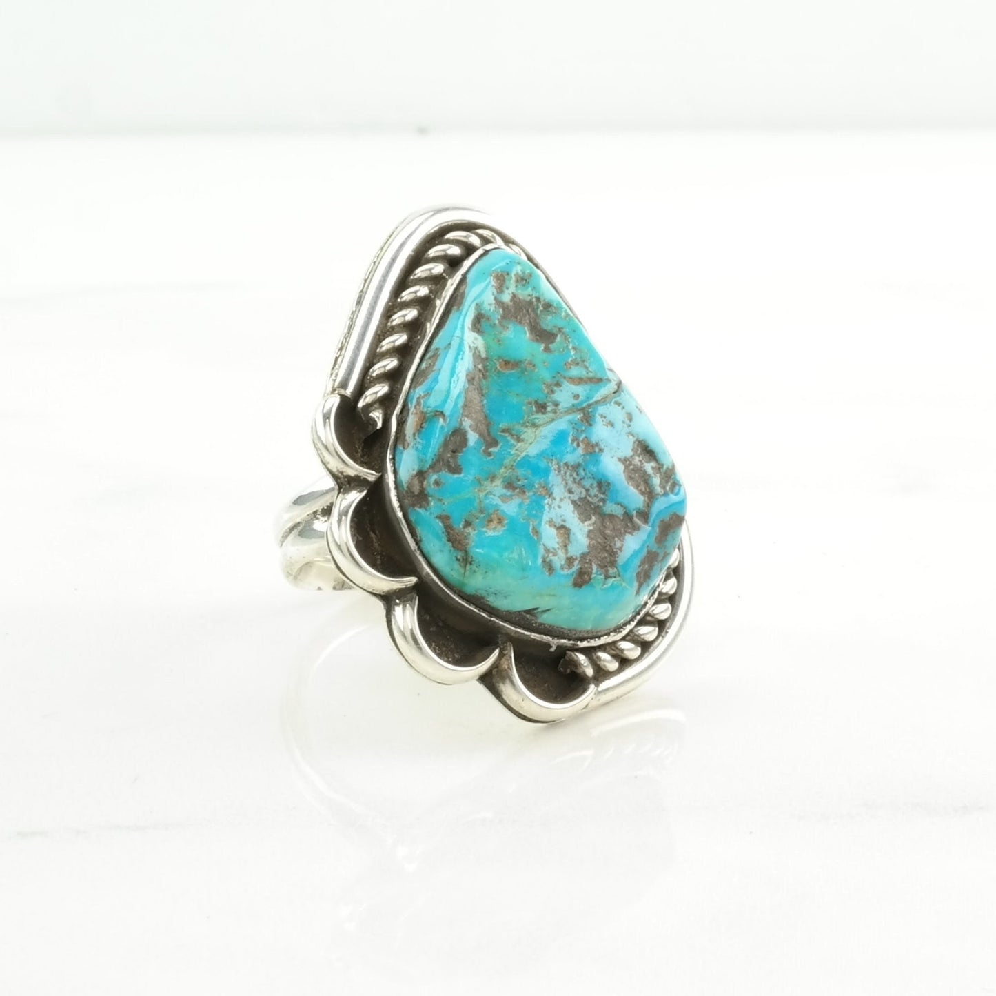 Native American Silver Ring Turquoise Rope Detail, Kingman Sterling Blue Size 8 1/2