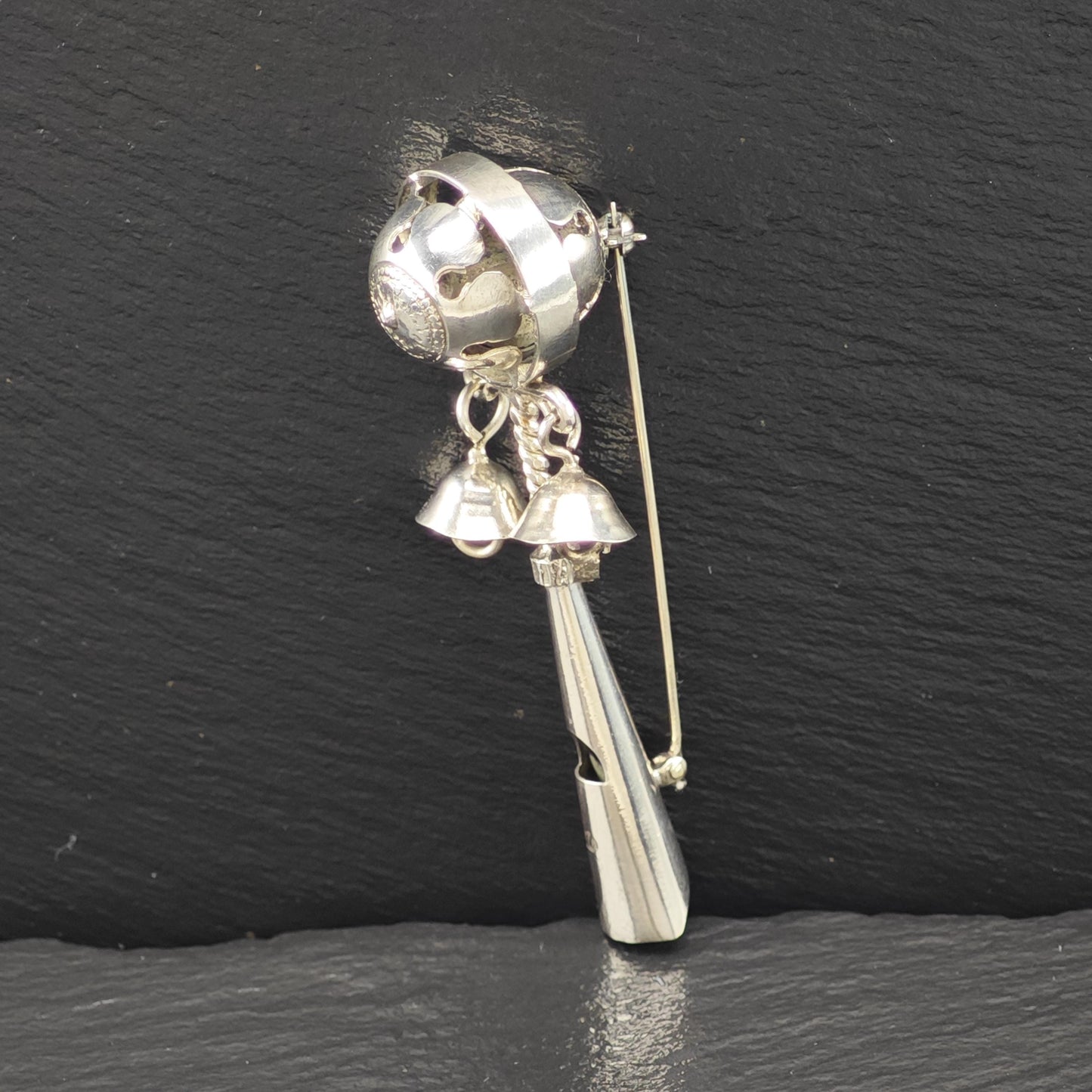 Vintage Old Sterling Silver Brooch Bells, Whistle