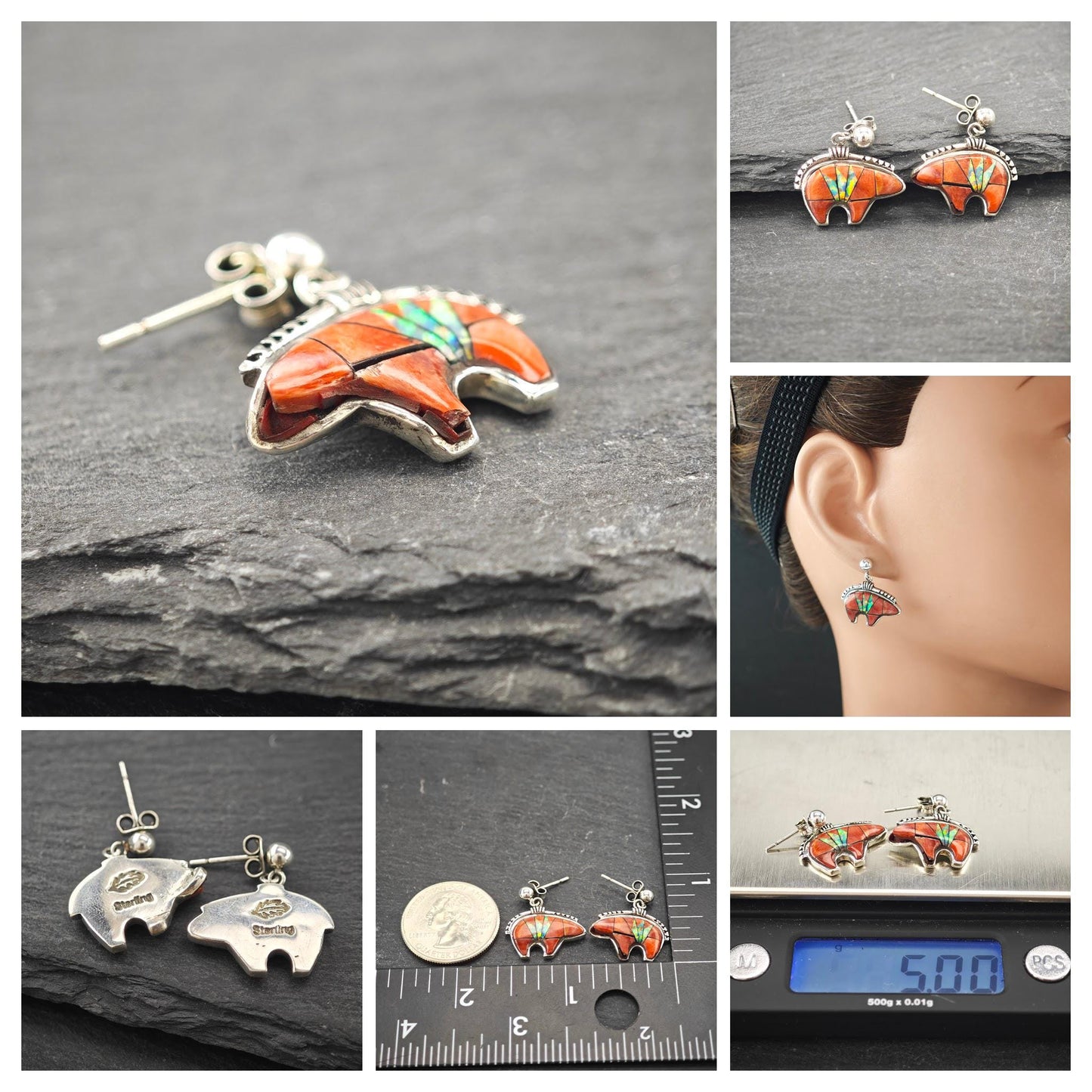 Choice of Southwest Inlay, Lab Opal Pierced Dangle Earrings Sterling Silver