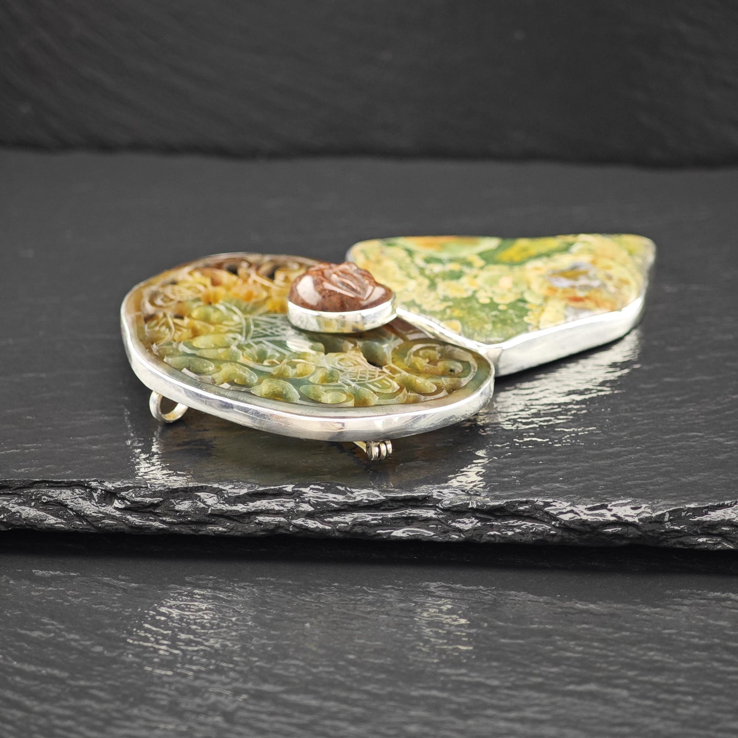 AKR Sterling Silver Brooch Pendant Carved Multi-color Averturine Jasper B2145