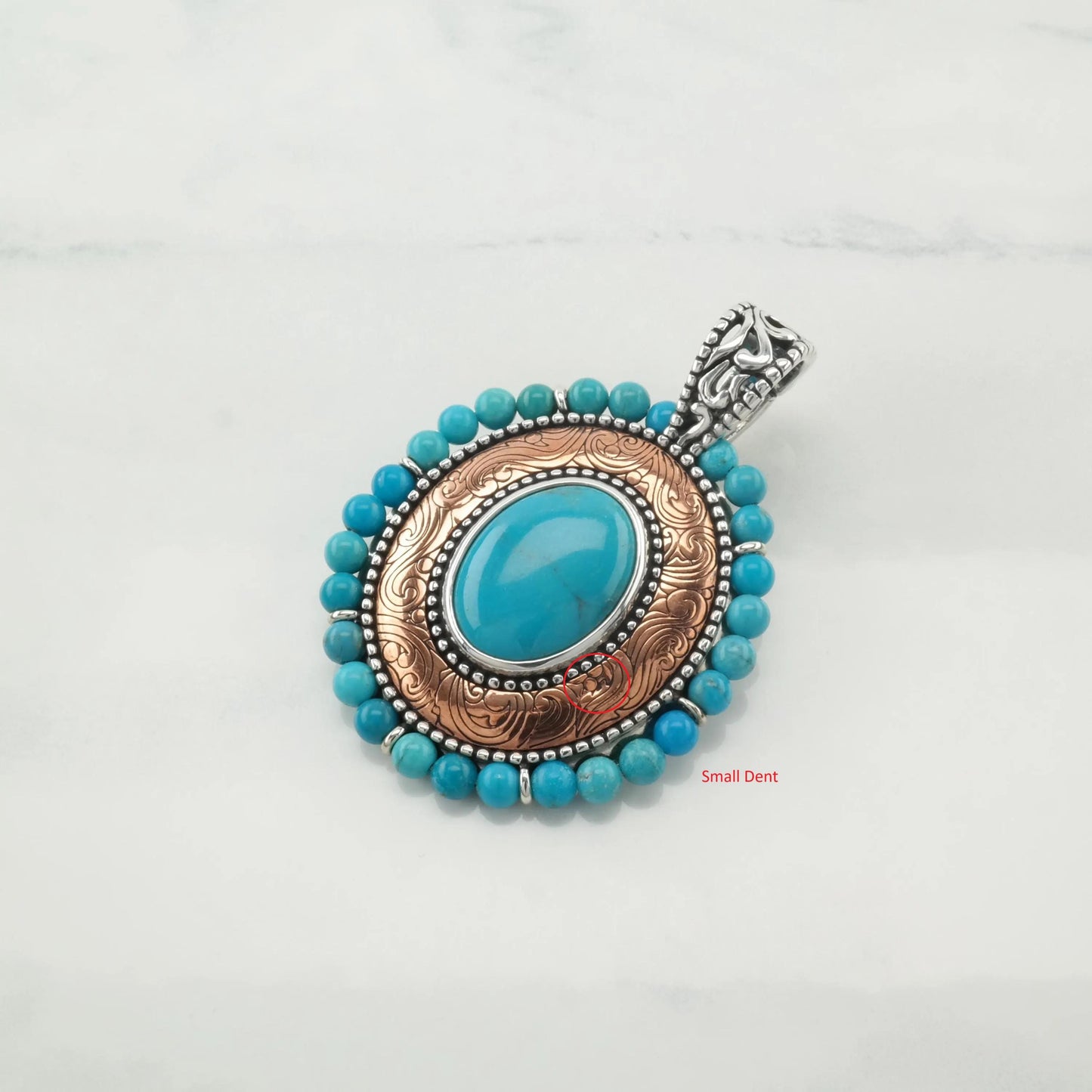 Small Dent Vintage Carolyn Pollack Turquoise Pendant Copper Filigree Sterling Silver