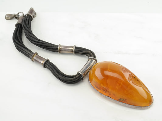 Enormous Natural Baltic Amber Pendant Duo Tone Leather Cord Sterling Silver Necklace