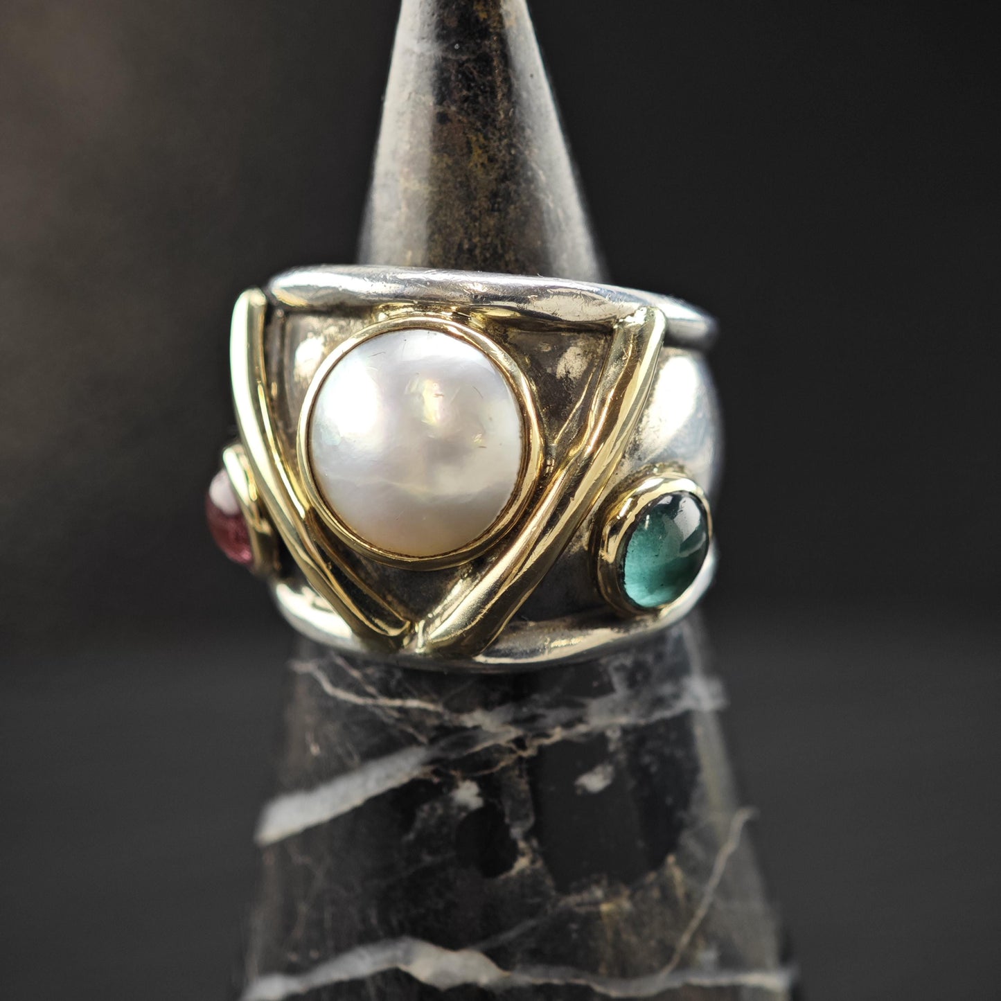 Pearl, Tourmaline Gold Accent Ring Sterling Silver Sz 6