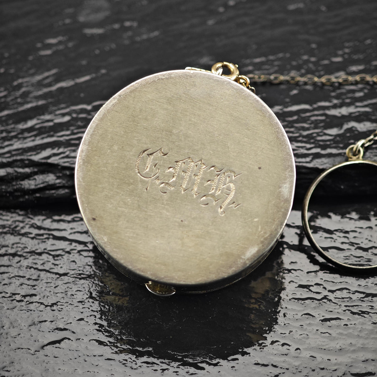 Antique Monogrammed Enamel Compact Mirror with Chain Sterling Silver MISC0437