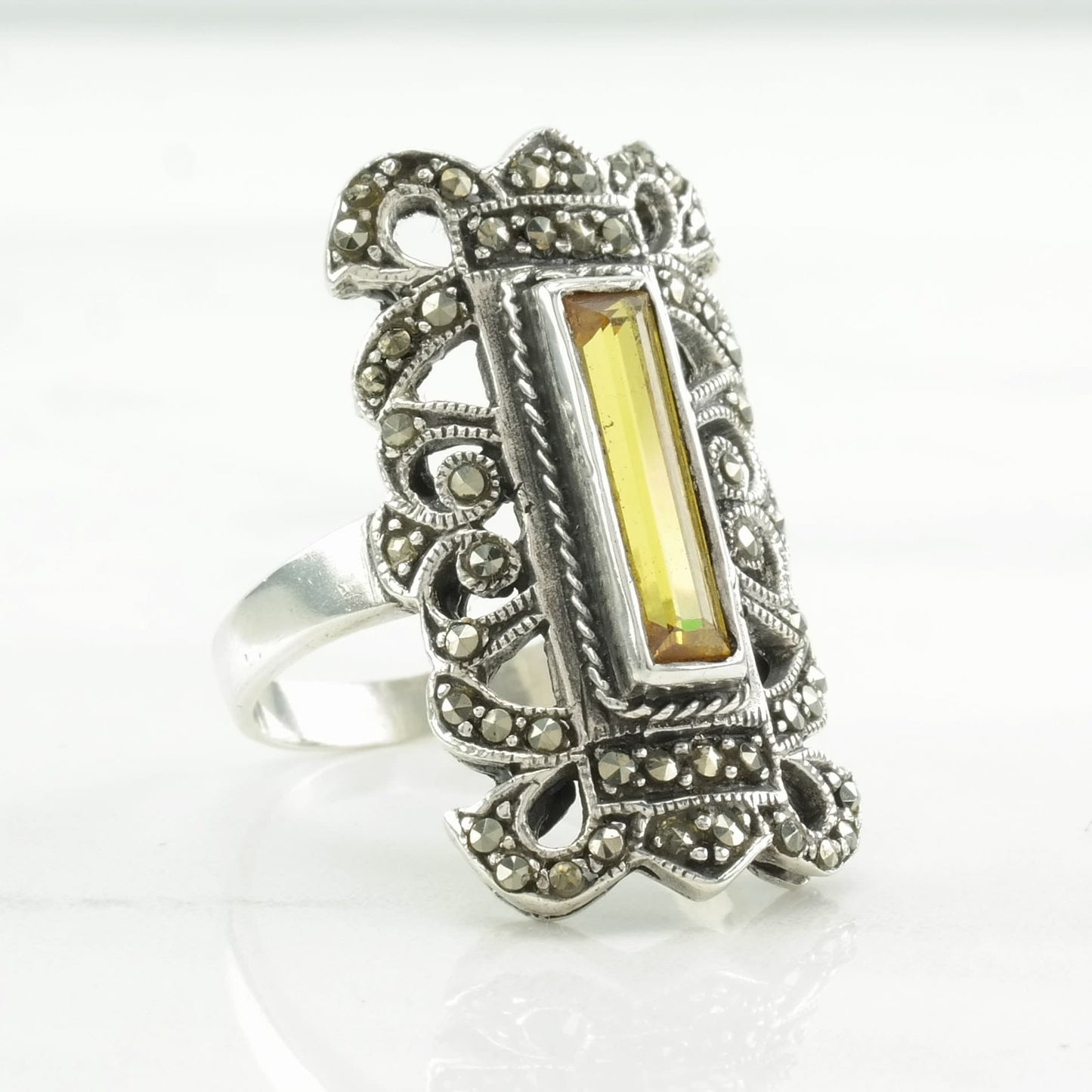 Vintage Art Deco Style Silver Ring Yellow Gemstone, Marcasite Sterling Size 9