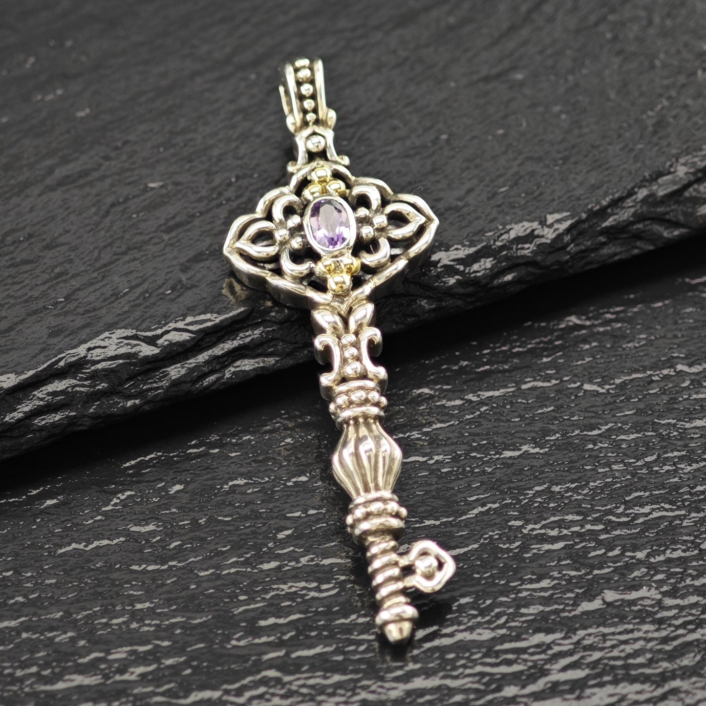 18K Gold Accent Amethyst Key Pendant Samuel Benham Sterling Silver