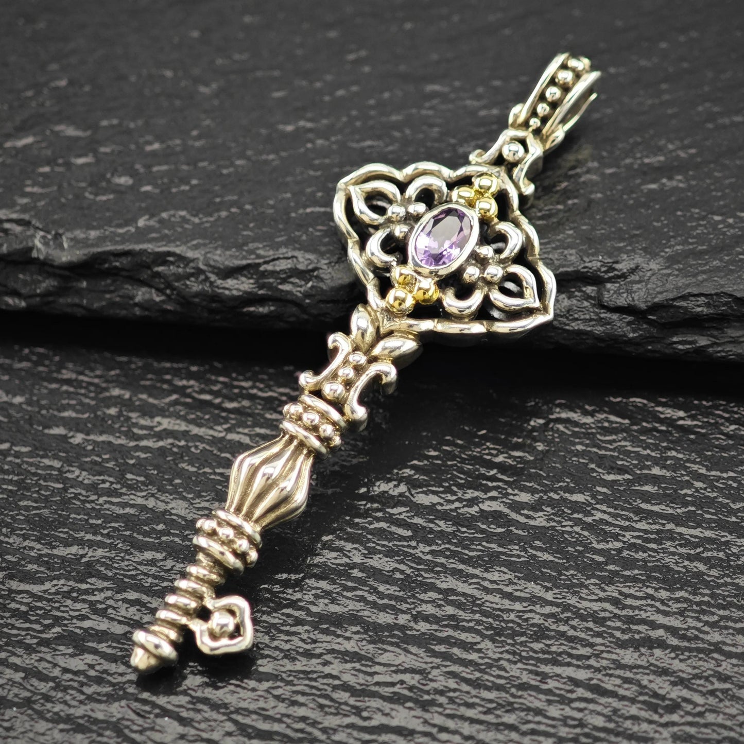 18K Gold Accent Amethyst Key Pendant Samuel Benham Sterling Silver