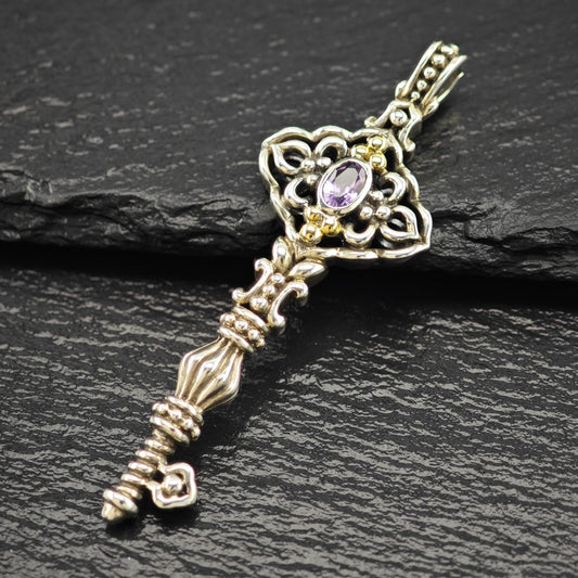 18K Gold Accent Amethyst Key Pendant Samuel Benham Sterling Silver
