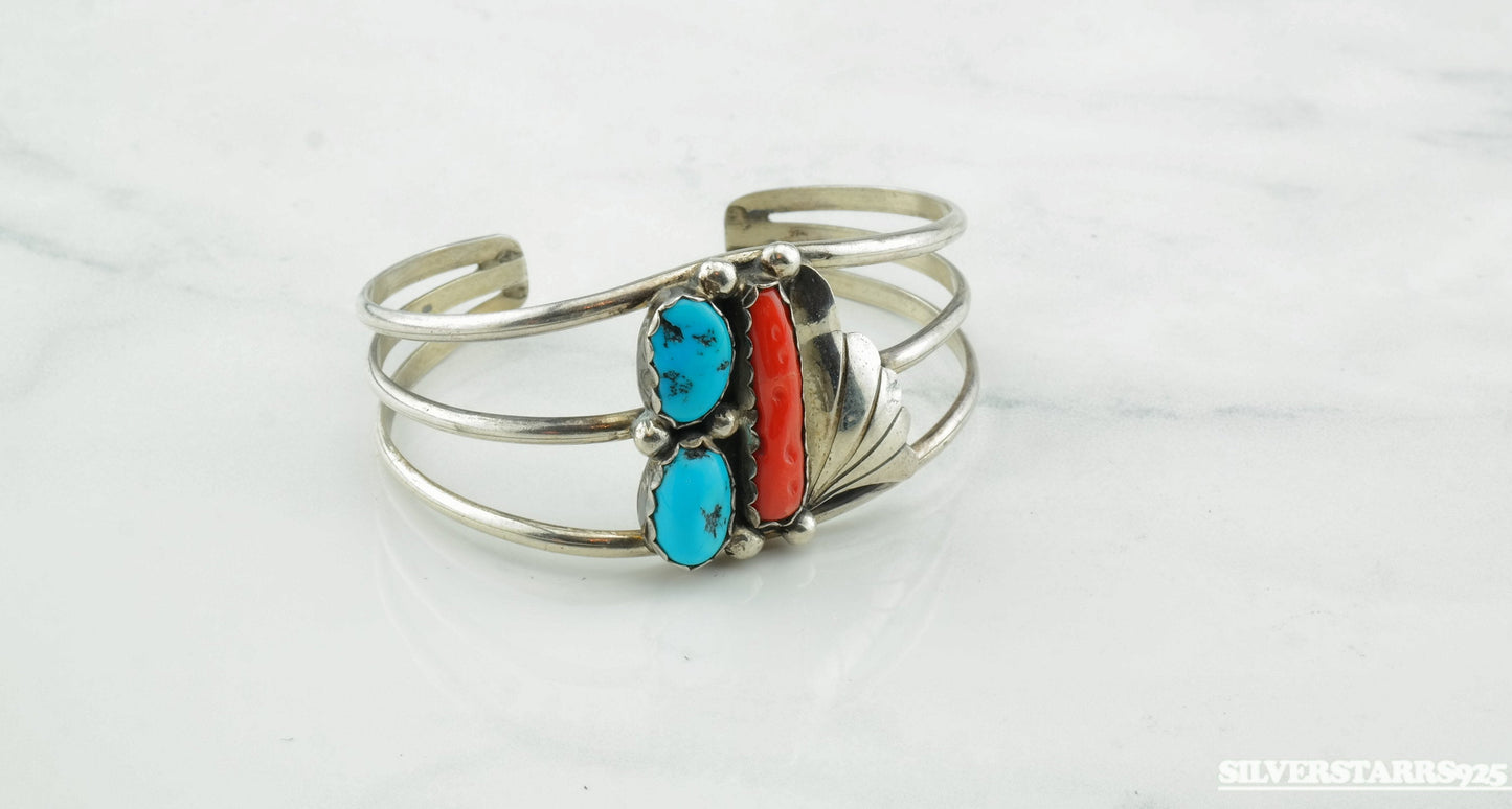 Classic Navajo Coral Turquoise Sterling Silver Cuff Bracelet Blue Red Native American