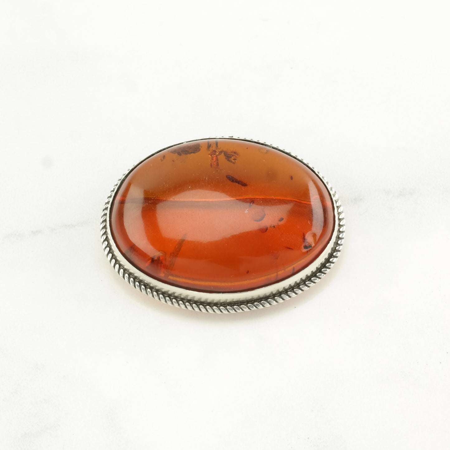 Vintage Orange Silver Brooch Pendant Large Amber Sterling