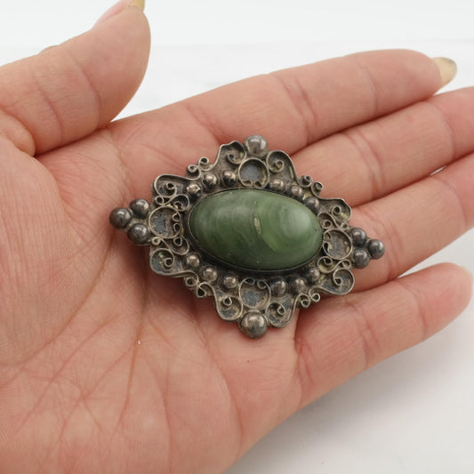 Vintage Taxco Sterling Silver Brooch Green Peruvian Jade