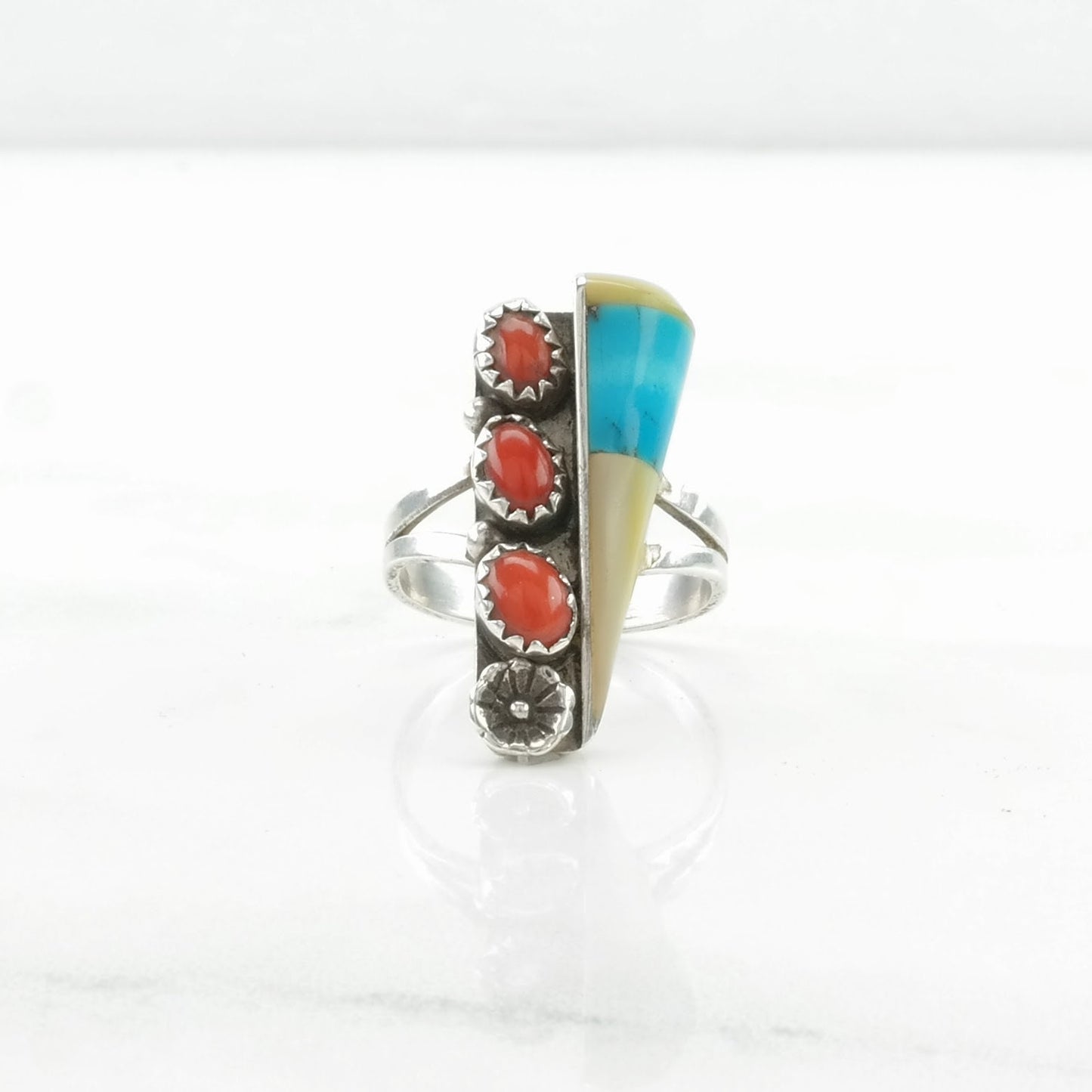 Native American Silver Ring Turquoise, Coral, MOP Inlay Sterling Size 7