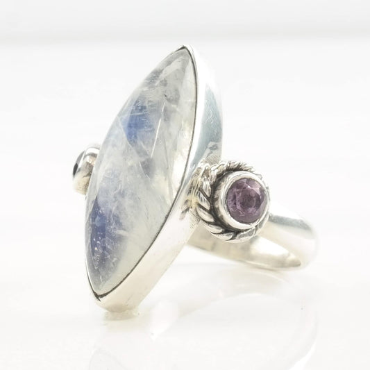 Ring Moonstone, Amethyst Sterling Silver Size 7