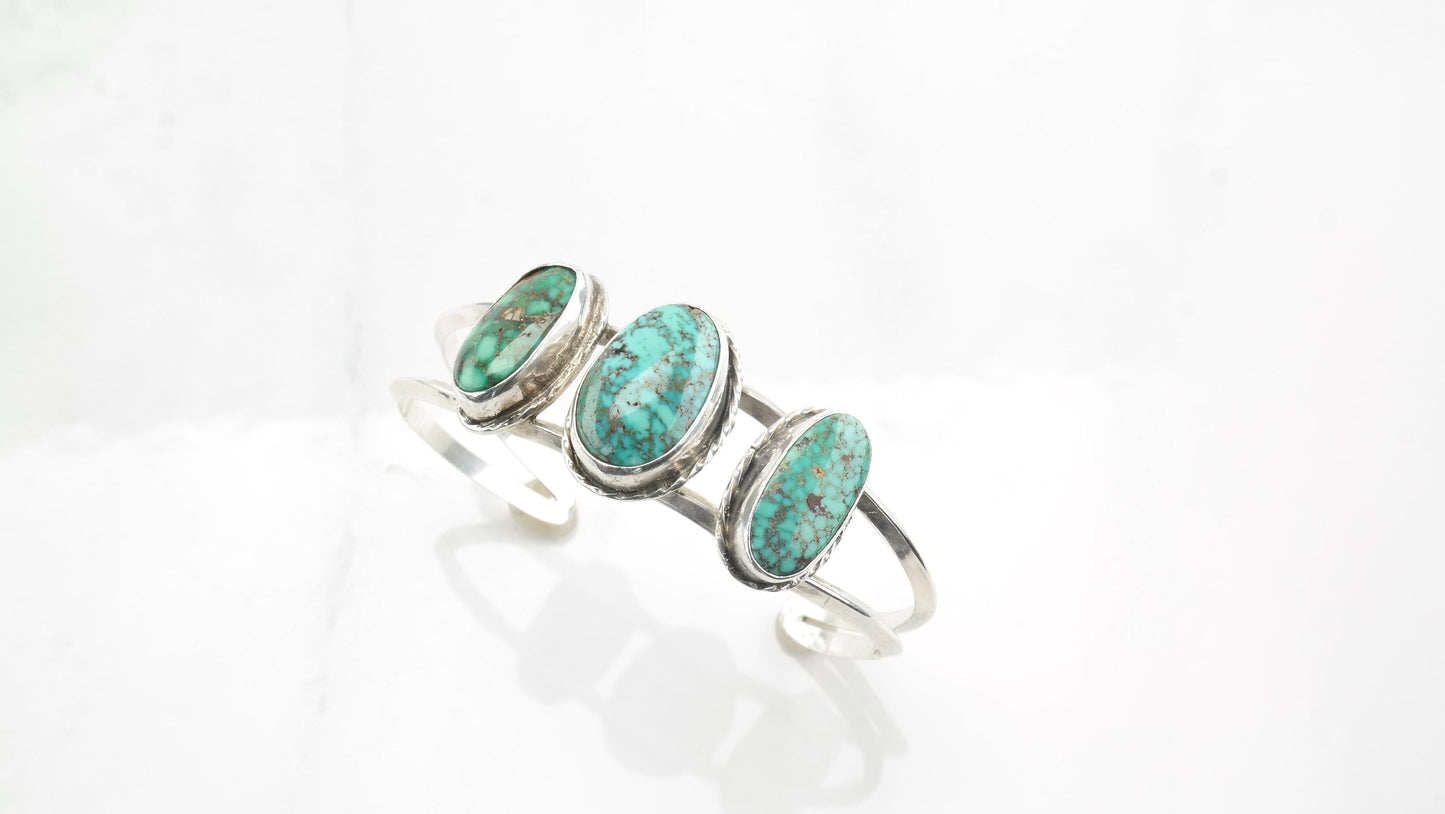 Green Spiderweb Turquoise Native American Sterling Silver Cuff Bracelet Three Stone