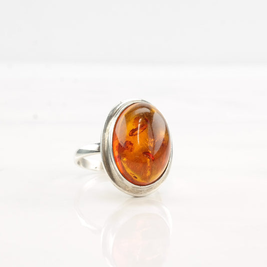 European Silver Ring Amber Oval Sterling Size 8 1/4