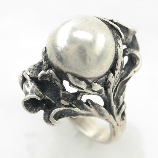Vintage Art Nouveau Style Sterling Silver Ring Dome Floral