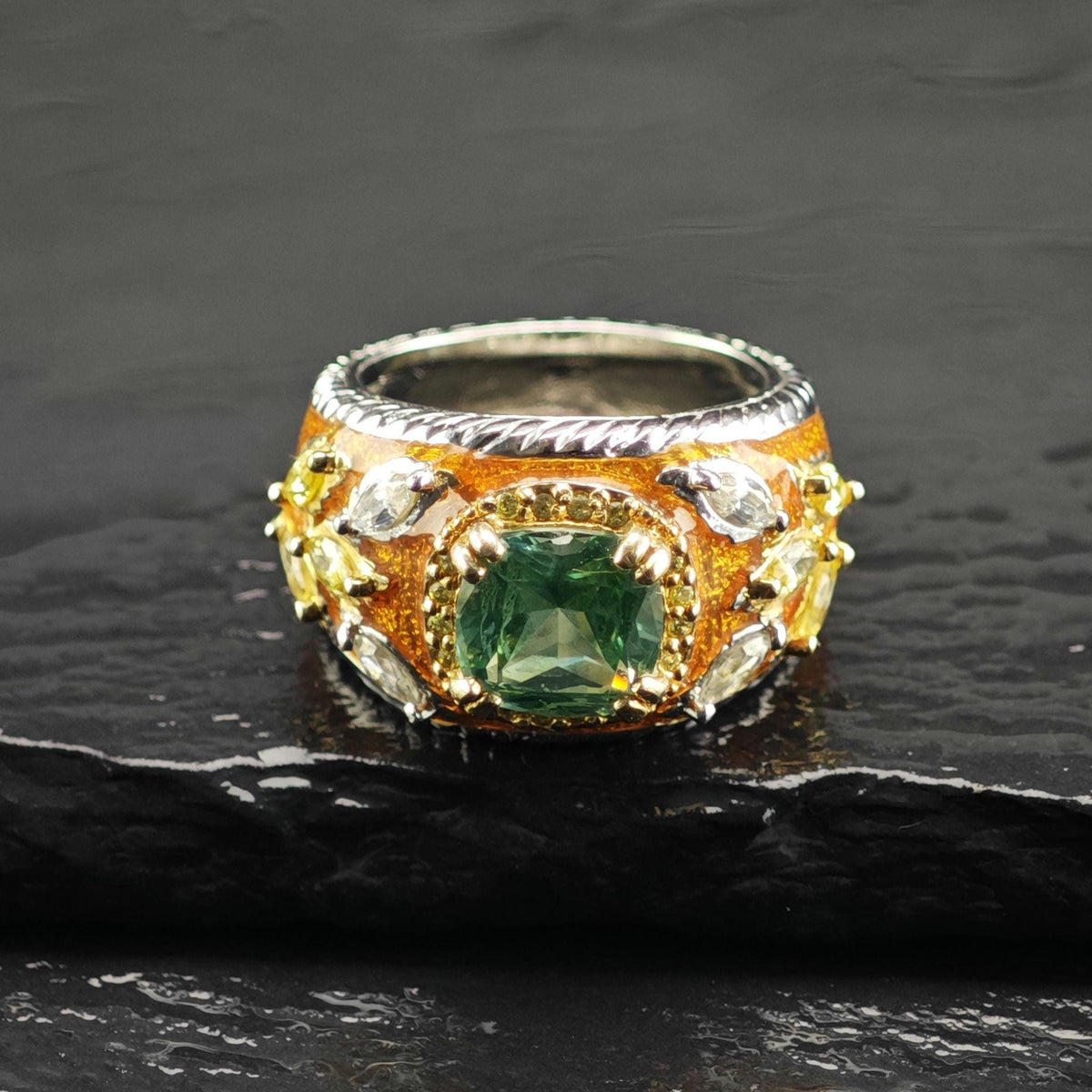 Spinel CZ Orange Enamel Sterling Silver Ring Sz 6 R6836