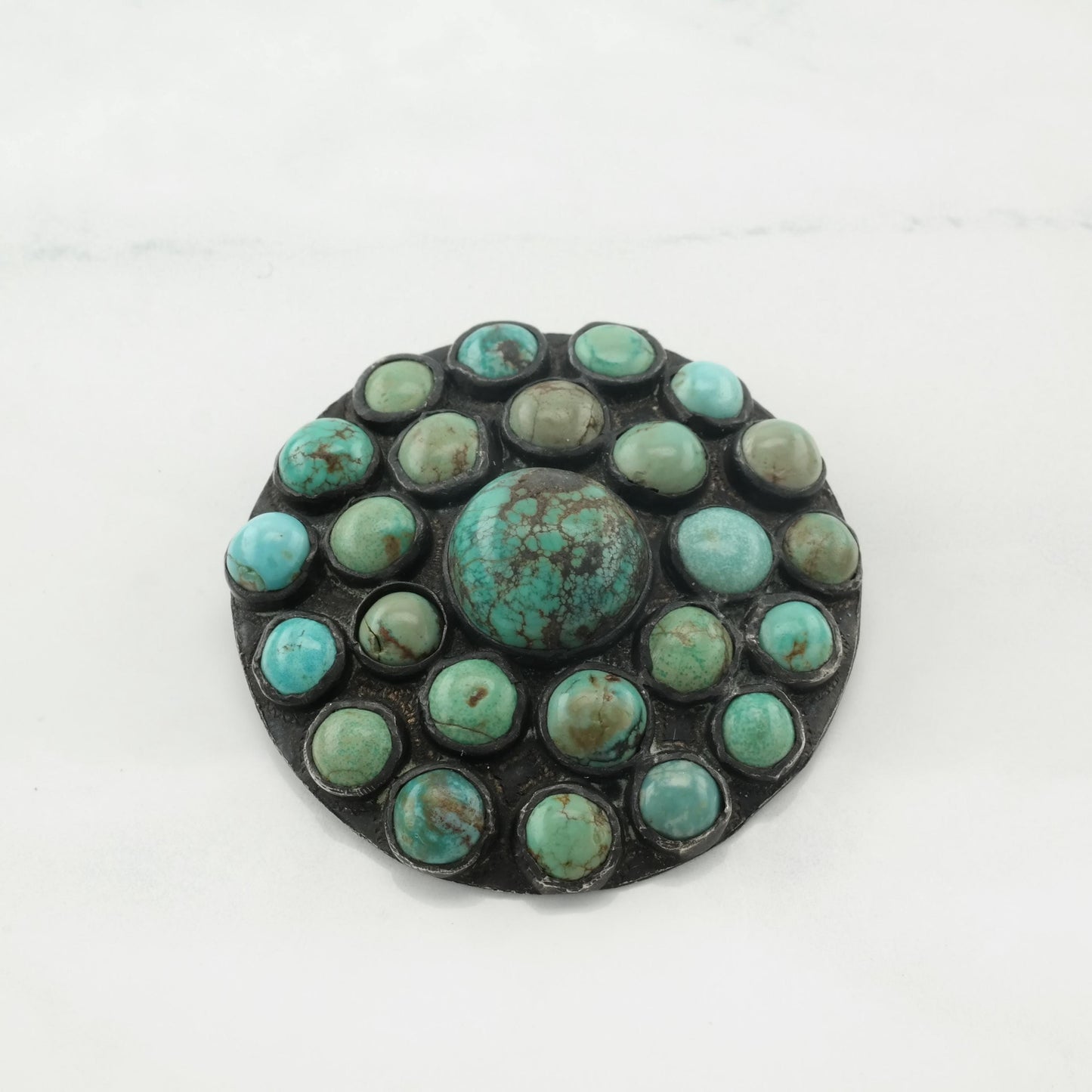 Prieto Taxco Green Turquoise Brooch Sterling Silver Round