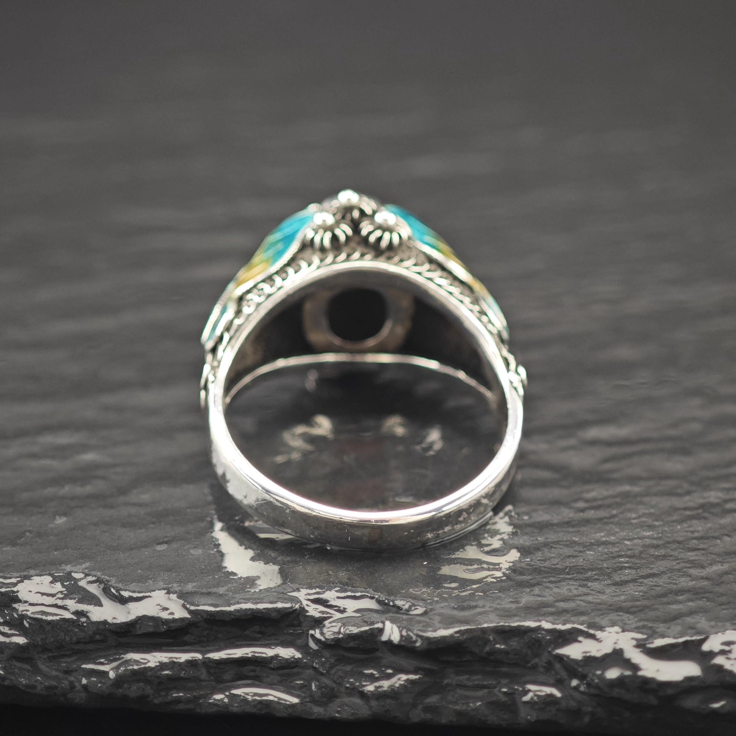 Chinese Export Enamel Conch Butterfly Ring Sterling Silver