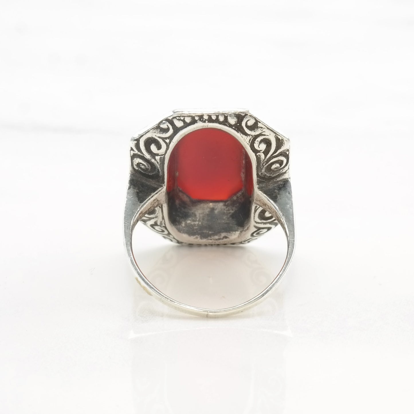 Art Deco Silver Ring Carnelian, Marcasite Sterling Red Size 4 3/4