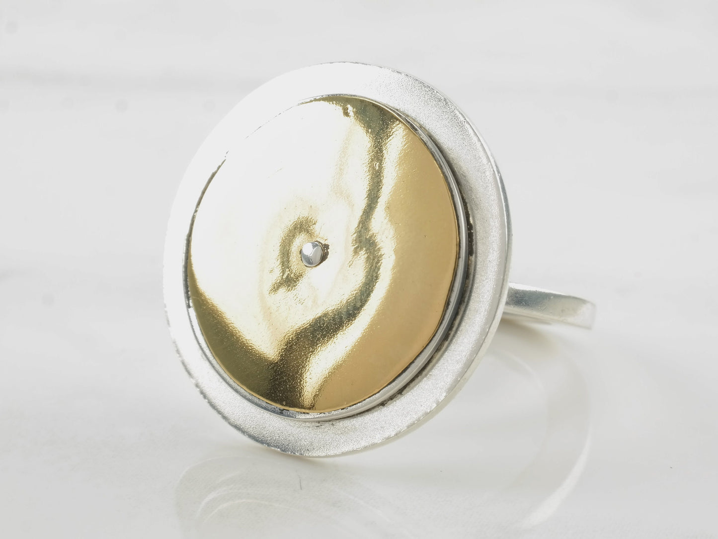 Vintage Modernist Ring Two Tone Disc Spinnable Sterling Silver Gold Tone Size 5 1/2
