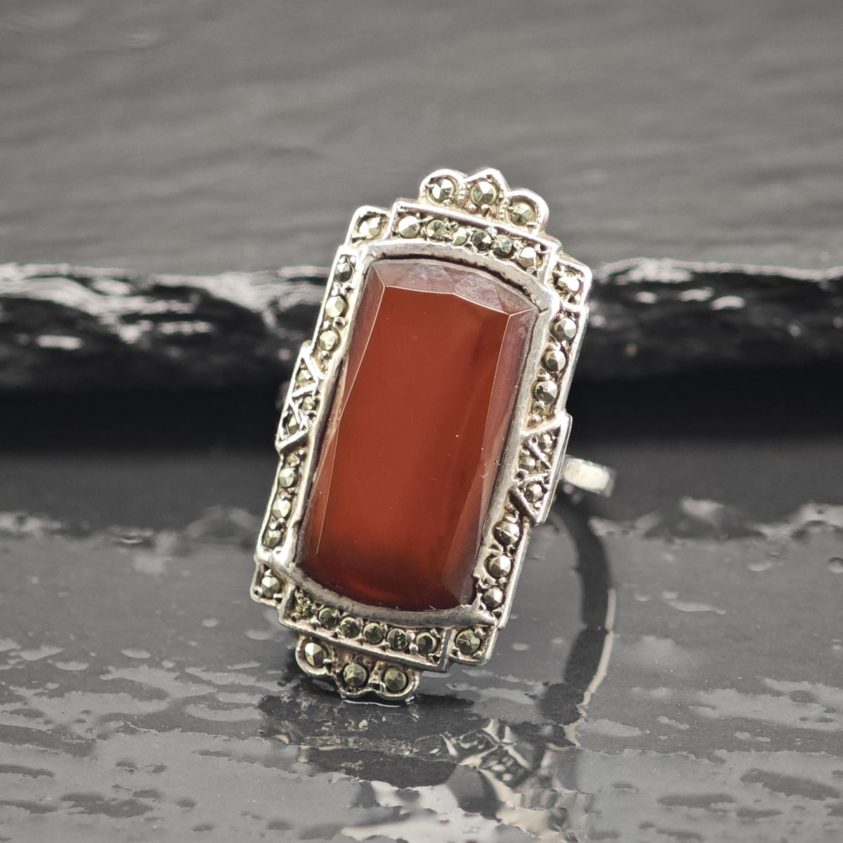 Art Deco Carnelian Sterling Silver Ring Sz 5 3/4 R6755