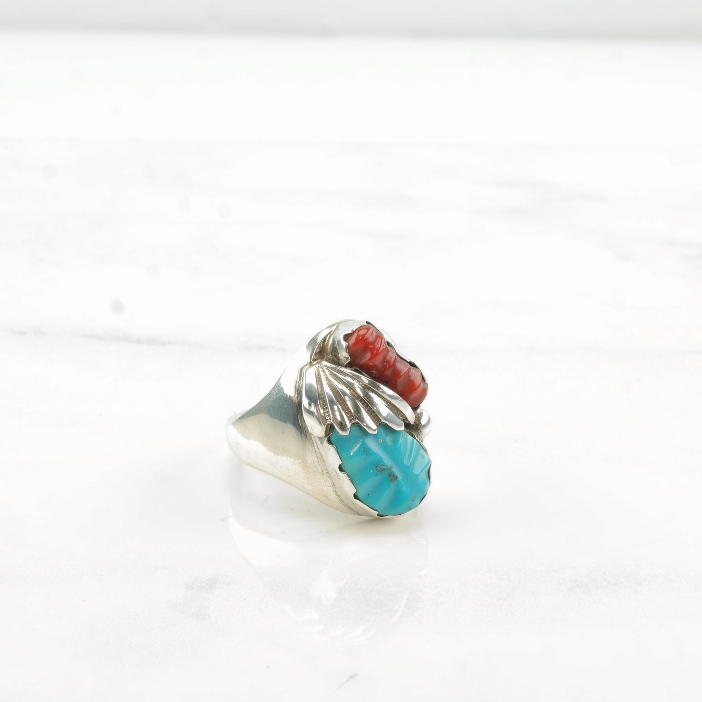 Native American Silver Ring Coral Turquoise Carved Leaf Sterling Size 8