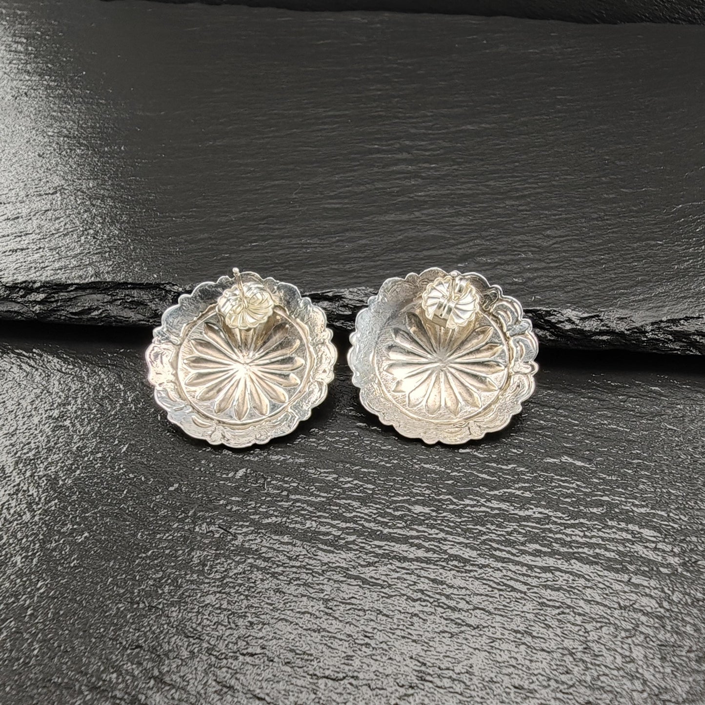 Vintage Concho Round, Shield Stud Earrings Sterling Silver